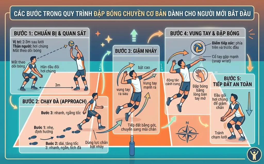 Các bước trong quy trình đập bóng chuyền cơ bản cho người mới bắt đầu