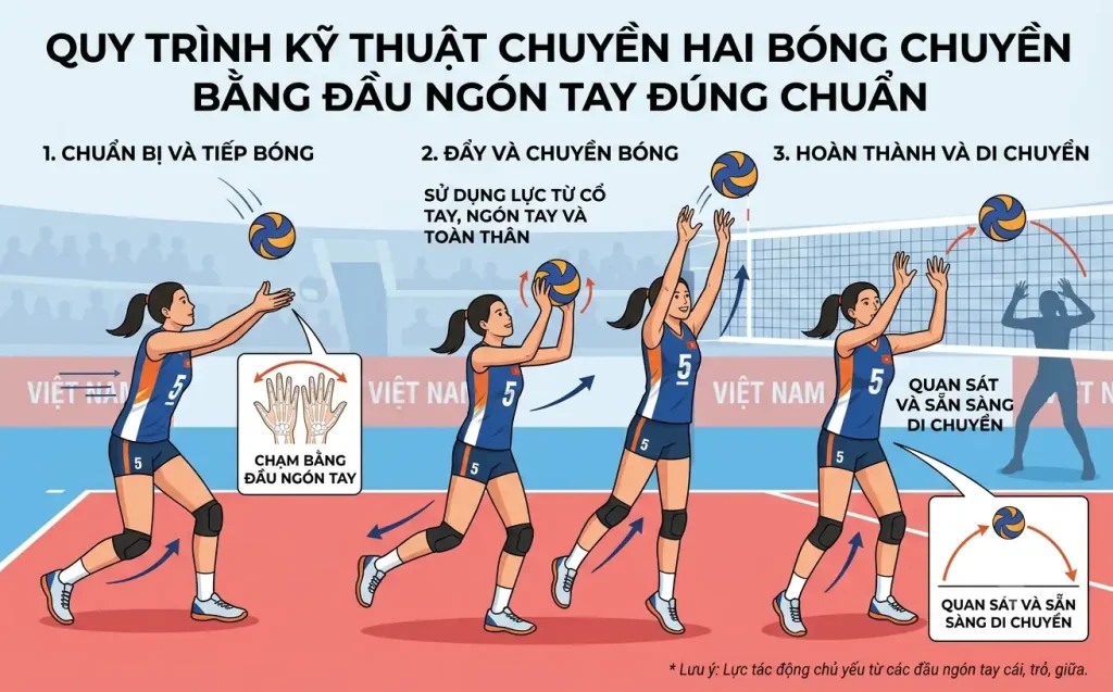 Quy trình kỹ thuật chuyền hai bóng chuyền bằng đầu ngón tay đúng chuẩn 
