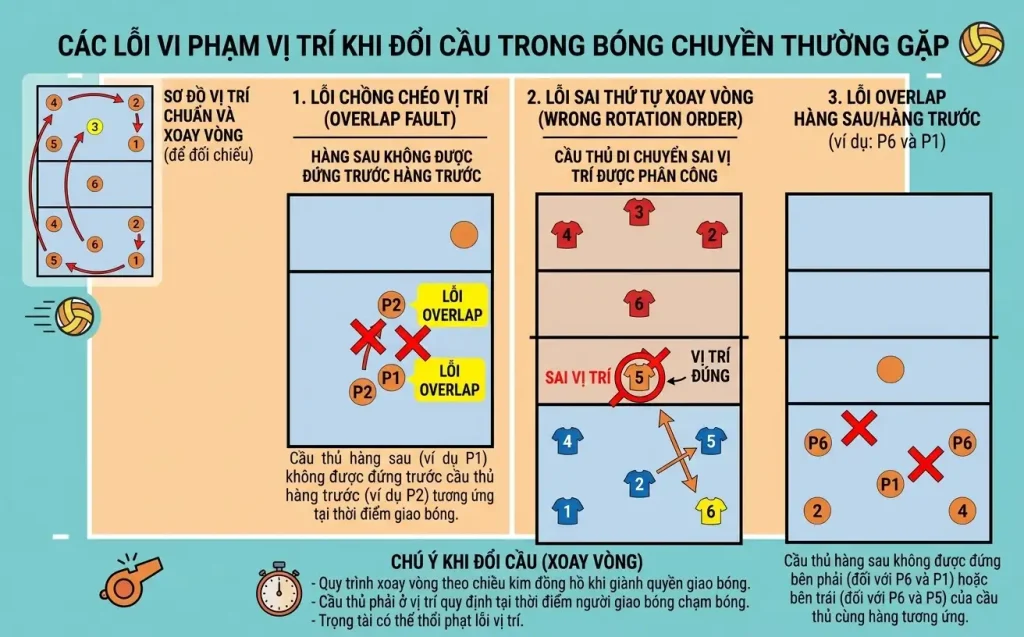 Các lỗi vi phạm vị trí khi đổi cầu trong bóng chuyền thường gặp 