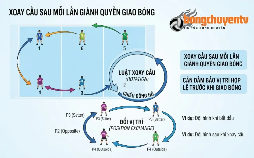 Sơ đồ hướng dẫn luật xoay cầu và đổi vị trí trong bóng chuyền