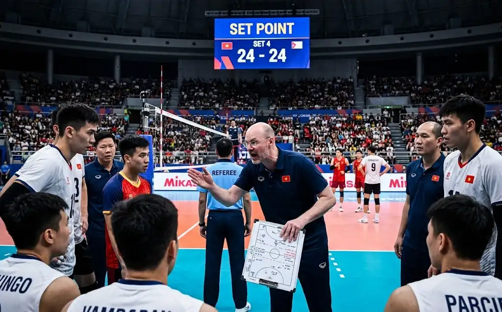Huấn luyện viên xin hội ý chiến thuật trong thời điểm Set point bóng chuyền căng thẳng!
