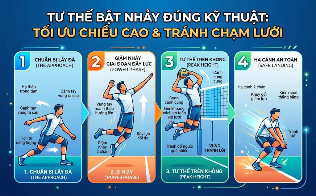 Tư thế bật nhảy đúng kỹ thuật giúp tối ưu chiều cao và tránh lỗi chạm lưới bóng chuyền