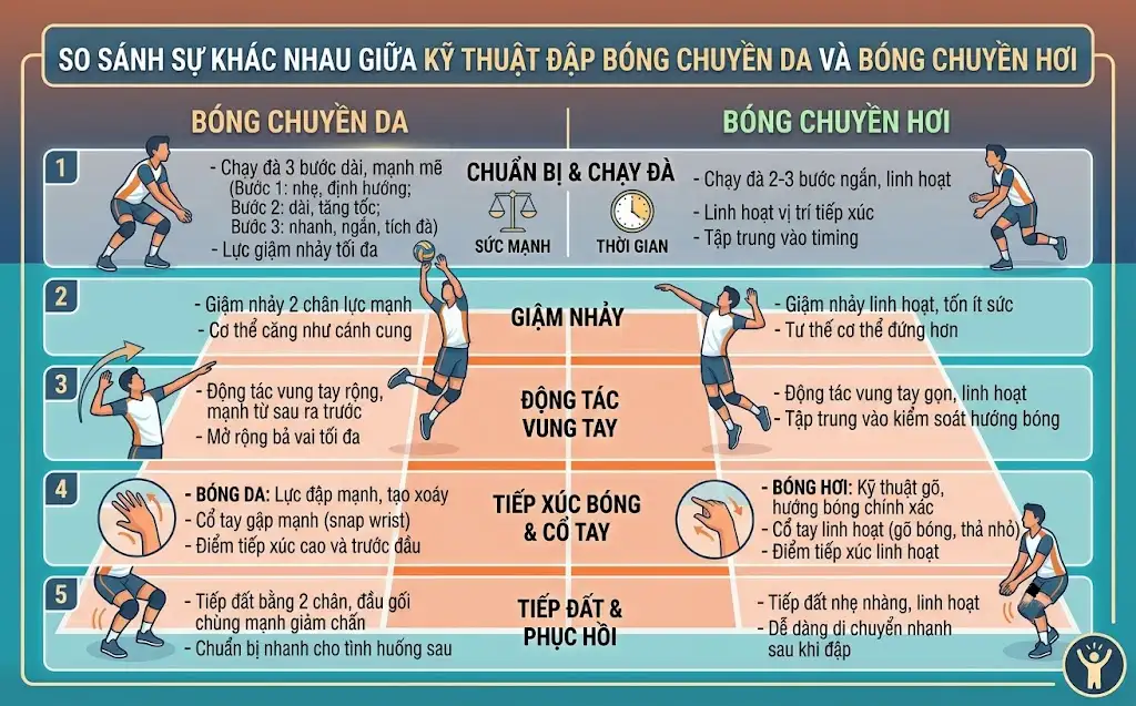 So sánh sự khác nhau giữa kỹ thuật đập bóng chuyền da và bóng chuyền hơi