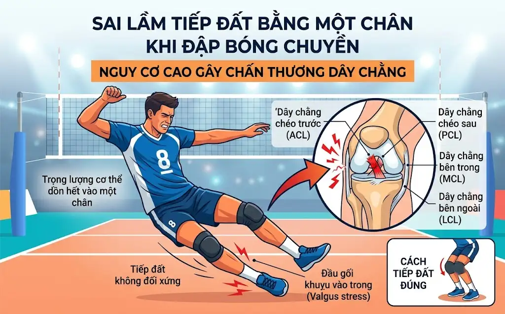 Sai lầm tiếp đất bằng một chân khi đập bóng chuyền dễ dẫn đến chấn thương dây chằng