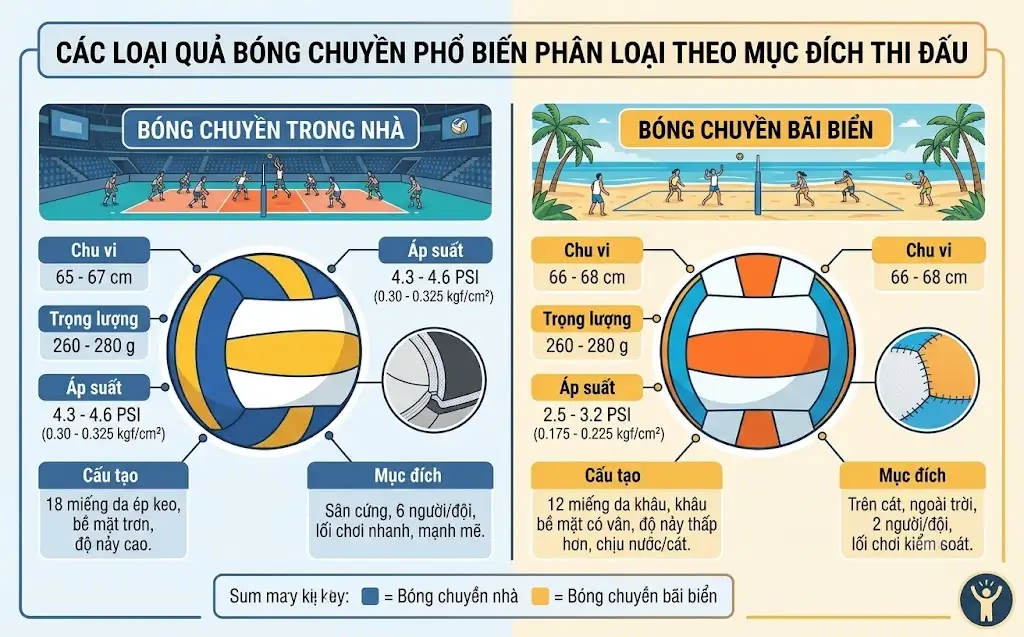 Các loại quả bóng chuyền phổ biến phân loại theo mục đích thi đấu trong nhà và bãi biển