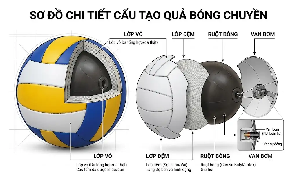 Sơ đồ chi tiết cấu tạo quả bóng chuyền gồm lớp vỏ, lớp đệm, ruột bóng và van bơm