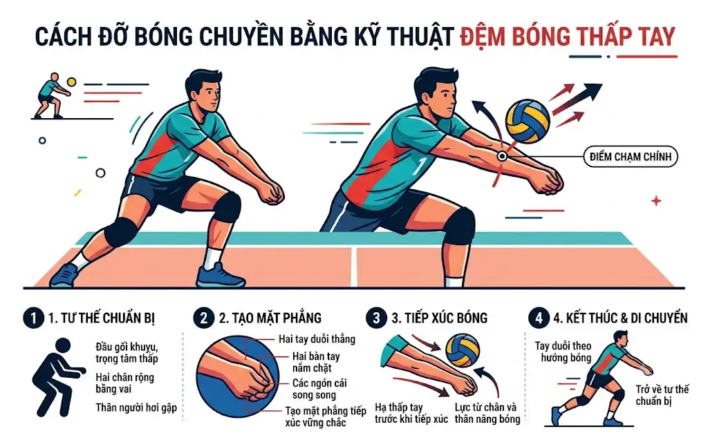Cách đỡ bóng chuyền bằng kỹ thuật đệm bóng thấp tay