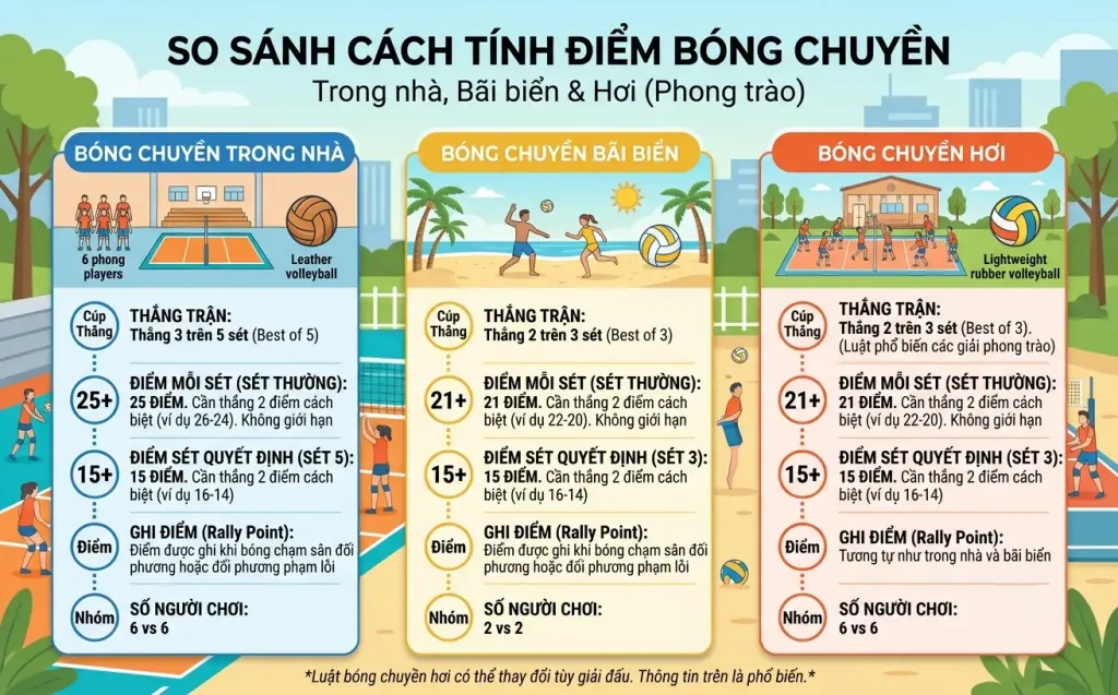 cách tính điểm bóng chuyền trong nhà, bóng chuyền bãi biển và bóng chuyền hơi