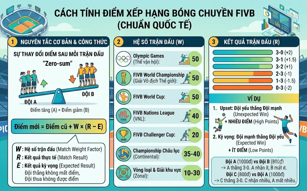 Cách tính điểm xếp hạng trong bóng chuyền chuẩn quốc tế 2026