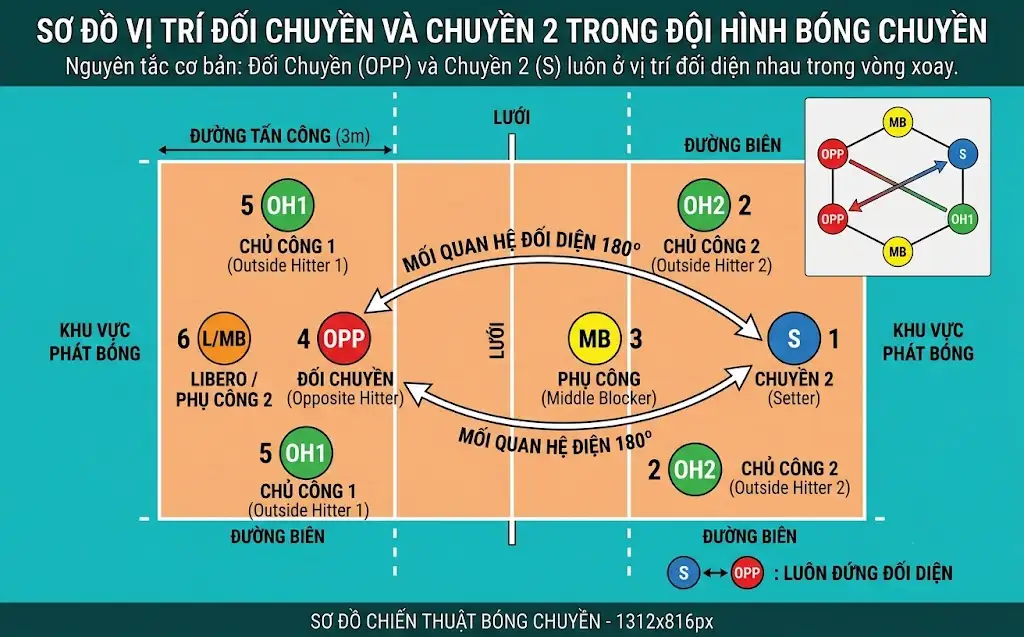 Sơ đồ vị trí đối chuyền đứng đối diện với chuyền 2 trong đội hình thi đấu bóng chuyền