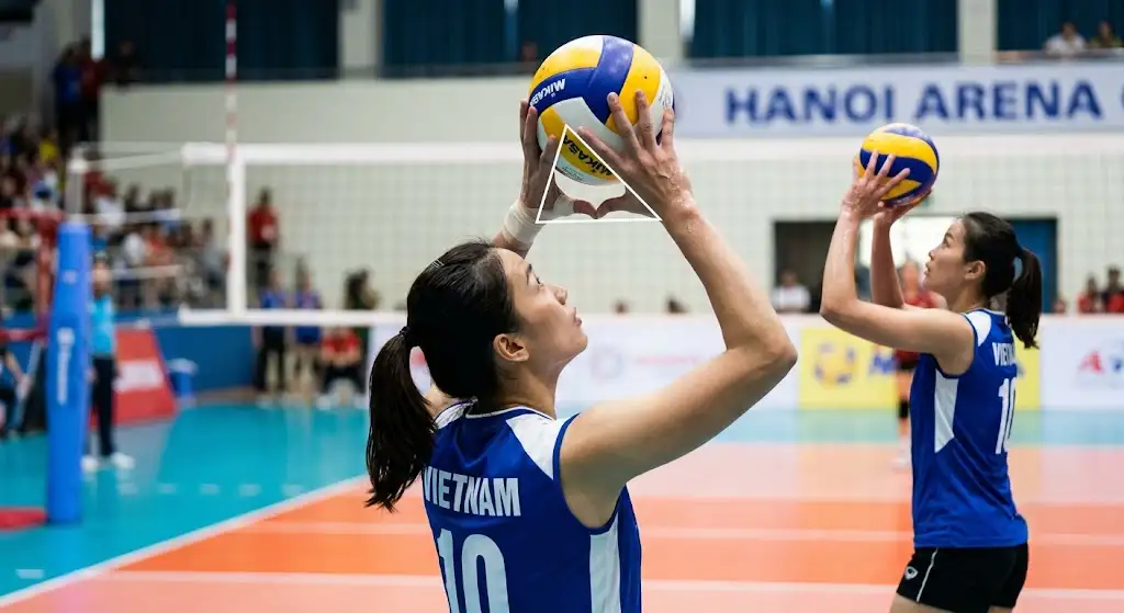 Hình tay hình kim tự tháp úp ngược trong kỹ thuật chuyền bóng cao tay bóng chuyền.