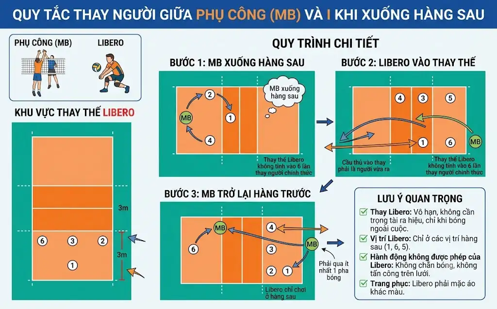 Quy tắc thay người giữa phụ công bóng chuyền và Libero khi xuống hàng sau