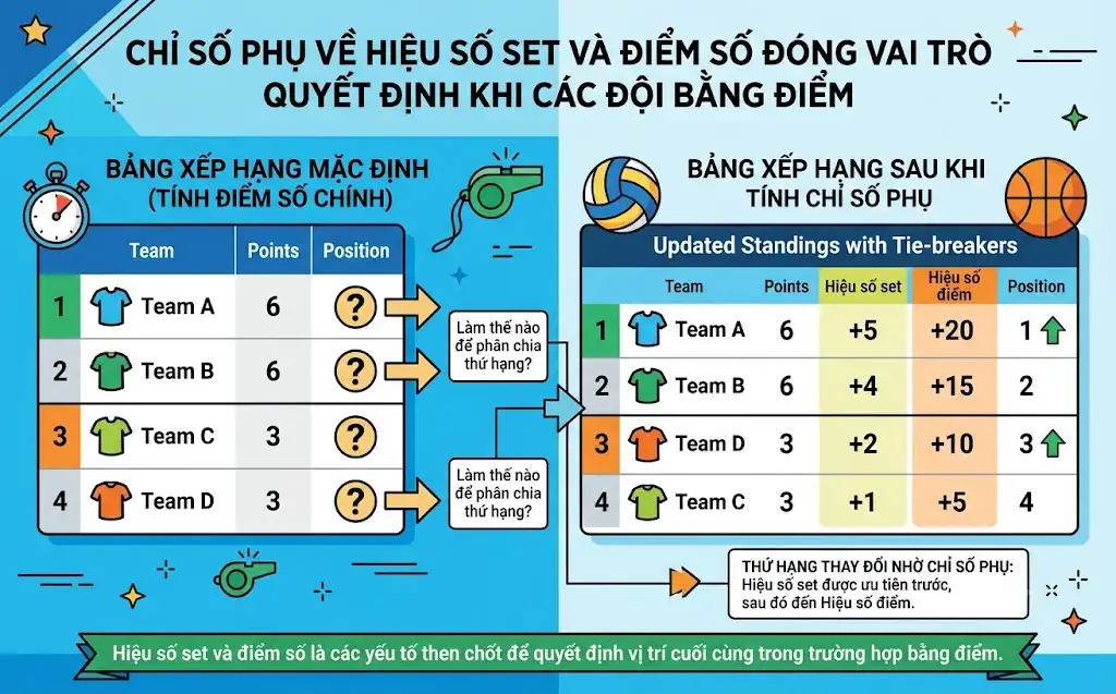 Chỉ số phụ về hiệu số set và điểm số đóng vai trò quyết định khi các đội bằng điểm